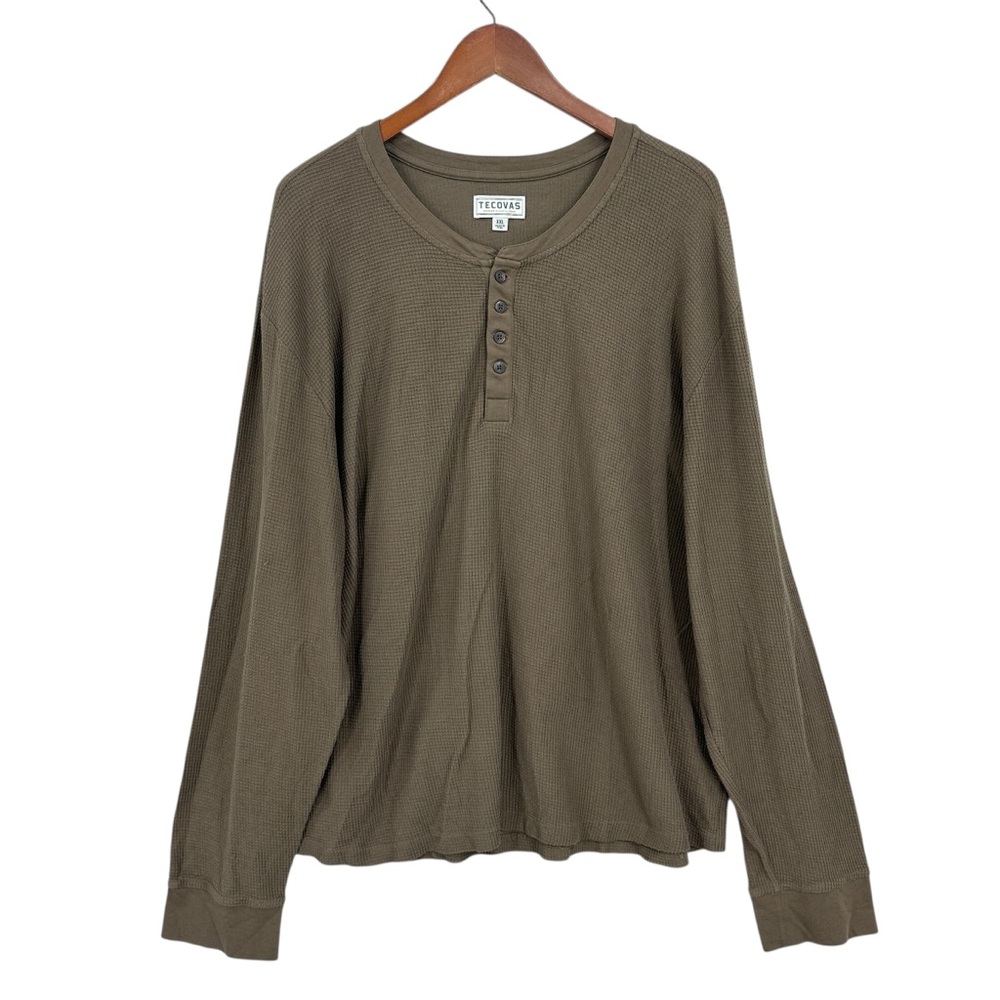 TECOVAS Henley Top Waffle Knit Thermal Long Sleeve Brown
